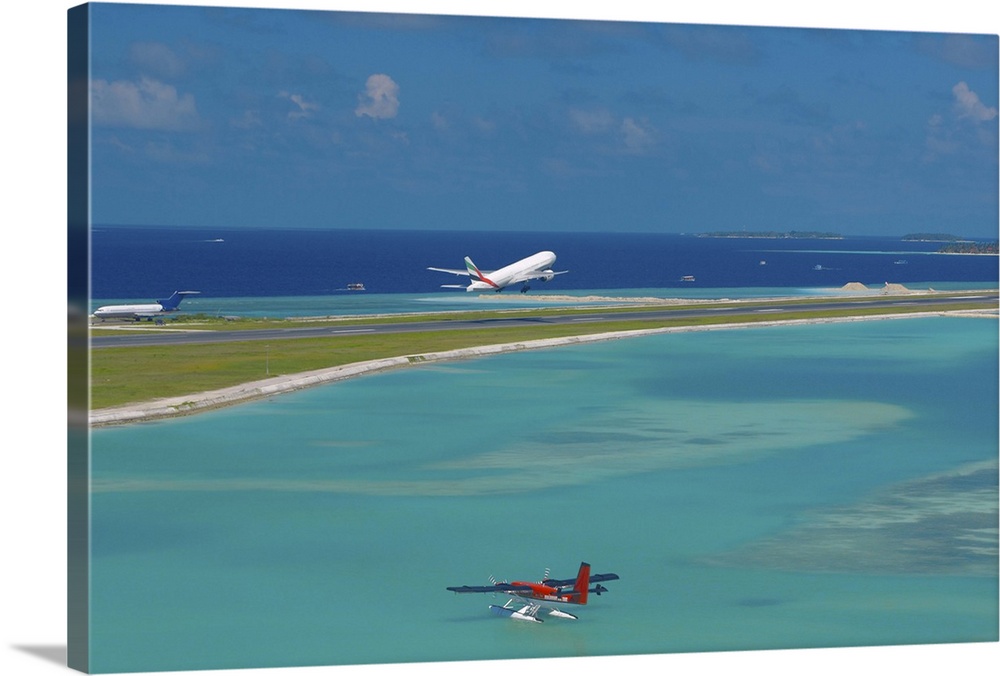 Passenger jet taking off from Male International Airport, Maldives, Indian Ocean