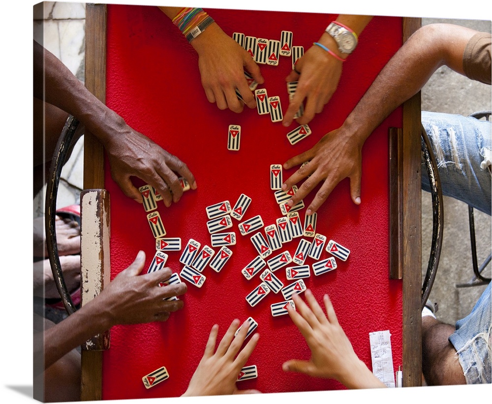 Overhead view of people playing with dominos marked with country name and the Cuban flag, Havana, Cuba, West Indies, Centr...