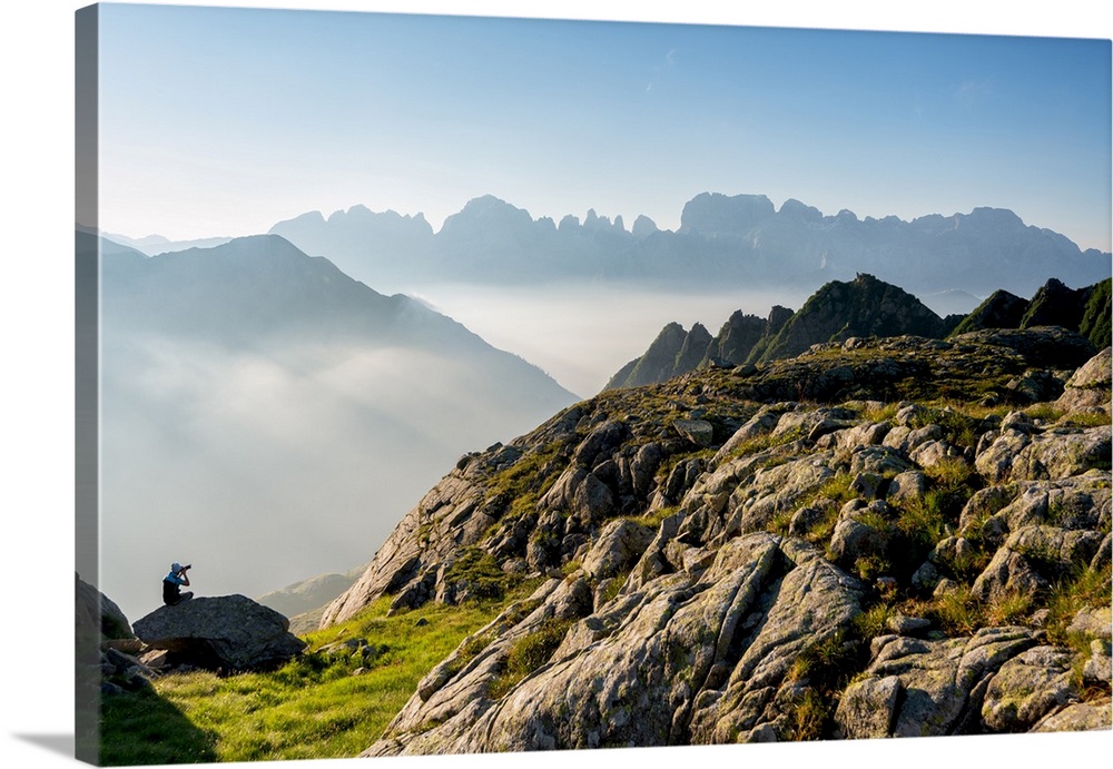Photographer in Brenta Dolomites in summer season, Trentino Alto Adige, Italy, Europe