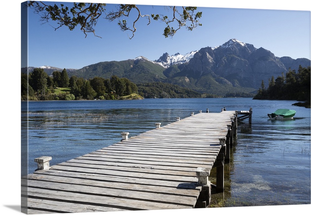 Pier and Andes on Lago Perito Moreno, Llao Llao, near Bariloche, Nahuel Huapi National Park, Lake District, Argentina, Sou...