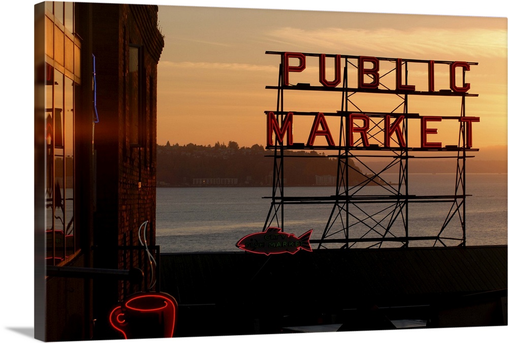 Pike Place market and Puget Sound, Seattle, Washington State, United States of America, North America