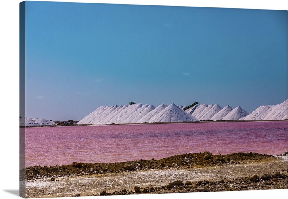View of the pink colored ocean overlooking the Salt Pyramids of Bonaire from afar, Bonaire, Netherlands Antilles, Caribbea...