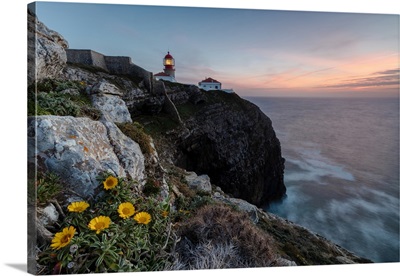 Pink sky at sunset and yellow flowers frame the lighthouse, Cabo De Sao Vicente