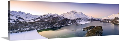 Piz Da La Margna And Lake Sils During A Winter Sunrise, Engadine, Switzerland, Europe