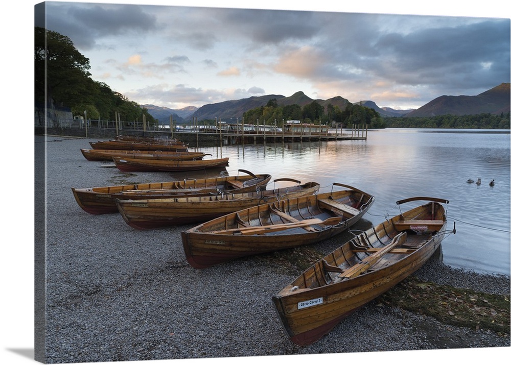 Pleasure boats on the shore at Derwentwater, Lake District National Park, Cumbria, England