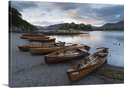 Pleasure boats on the shore at Derwentwater, Lake District National Park, England