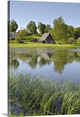 Ponds and traditional buildings, Turaida Museum Reserve, Latvia, Baltic States