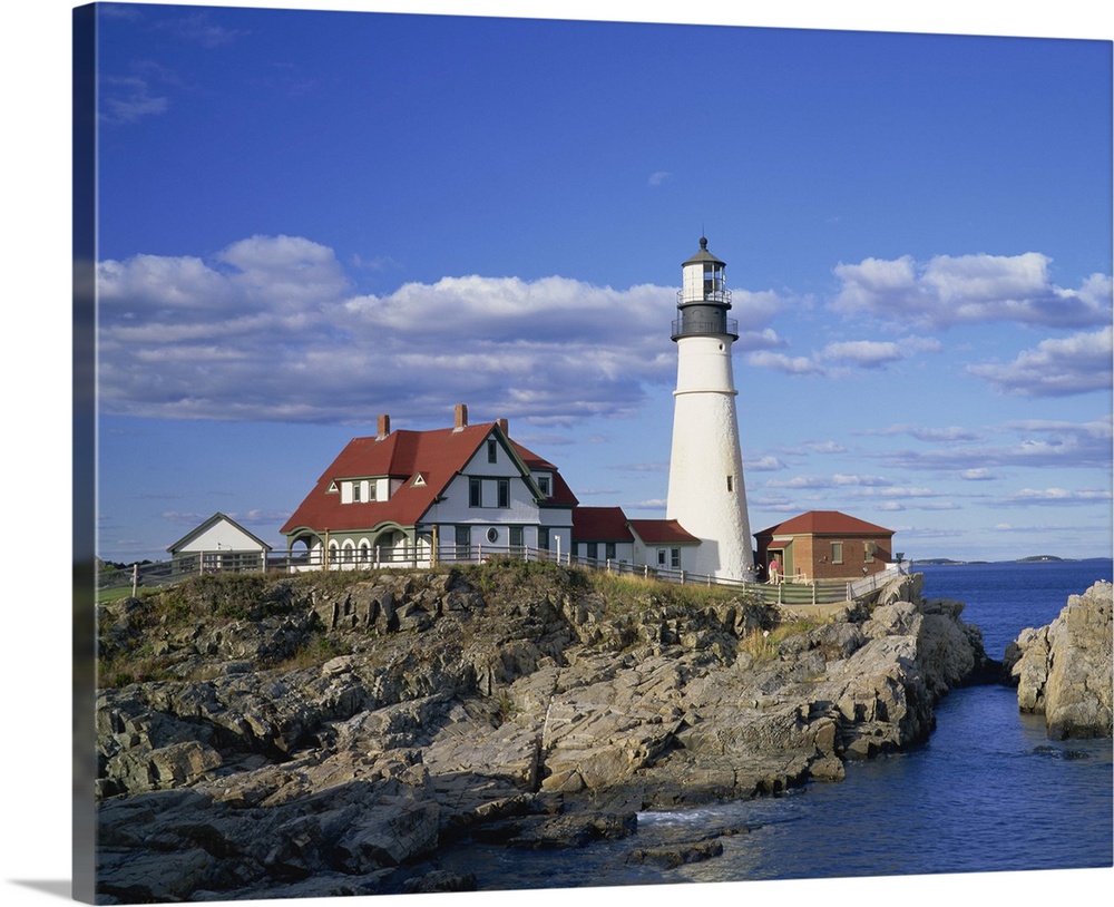 Portland Head lighthouse on rocky coast at Cape Elizabeth, Maine, New England
