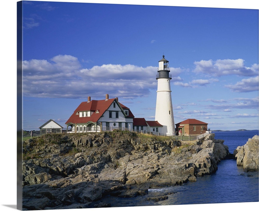 Portland Head lighthouse on rocky coast at Cape Elizabeth, Maine, New