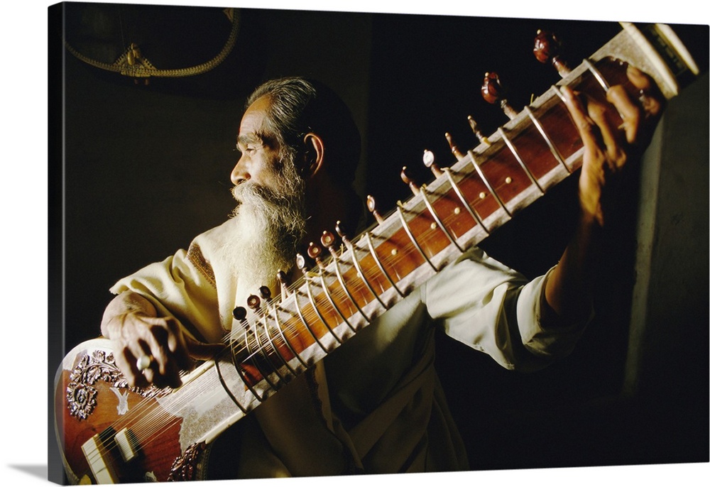 Portrait of an elderly man playing the sitar, India