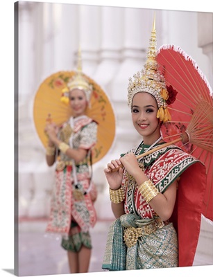 Portrait Of Two Dancers In Traditional Thai Classical Dance Costume, Bangkok, Thailand