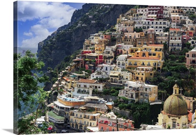 Positano Town Hill View With Low Rise Colorful Buildings Above The Sea Line, Italy