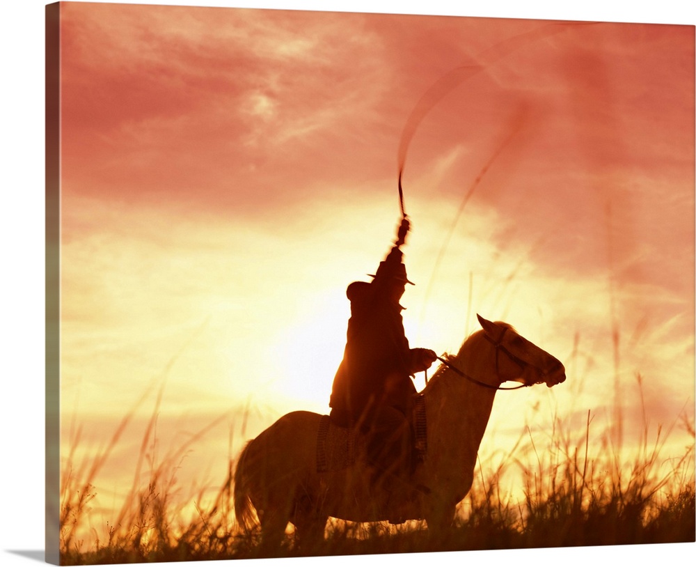 Profile of a stockman on a horse against the sunset, Queensland, Australia, Pacific