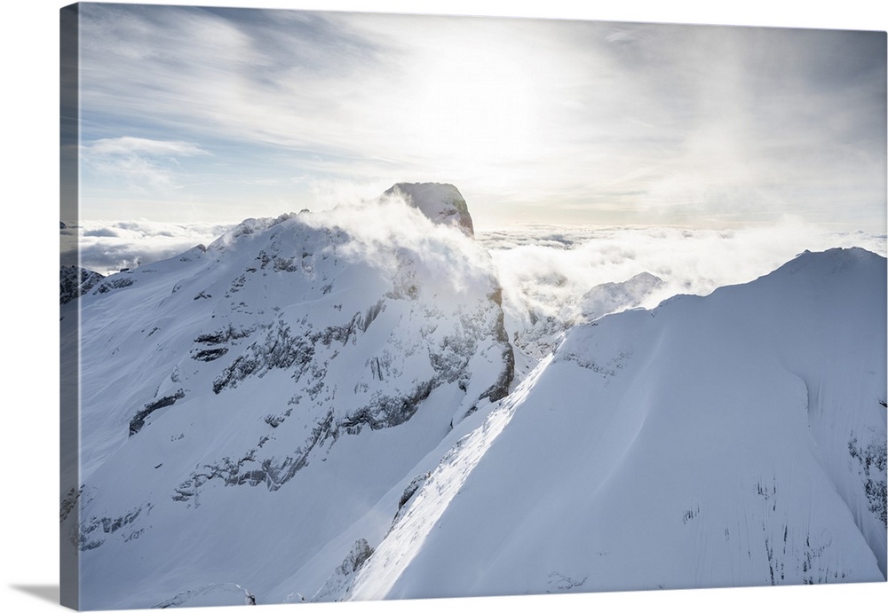 Aerial view of Punta Penia and west ridge of Marmolada in winter, Dolomites, Trentino-Alto Adige, Italy, Europe