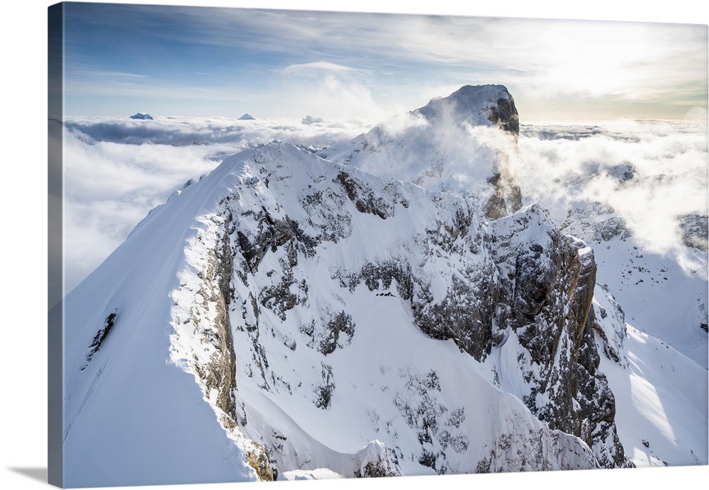 Aerial view of Punta Penia and west ridge of Marmolada covered with snow, Dolomites, Trentino-Alto Adige, Italy, Europe