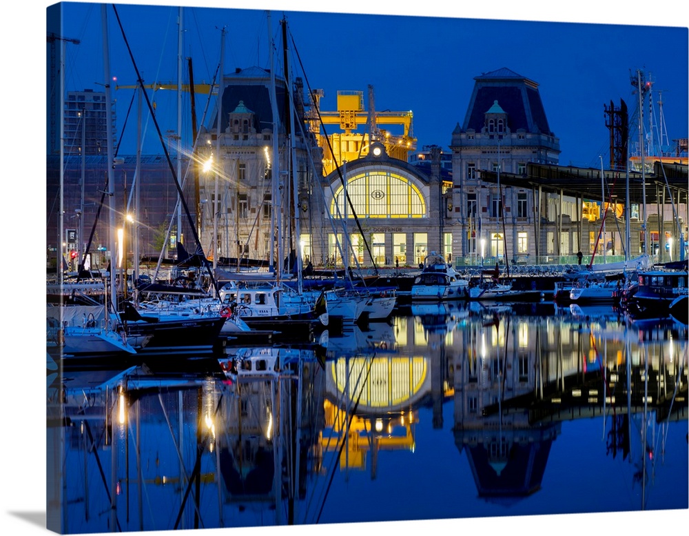 Railway station dusk, Ostend, Belgium, Europe
