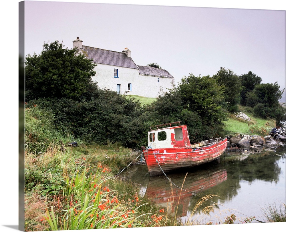 Red boat and house, Ballycrovane, County Cork, Munster, Republic of Ireland (Eire)