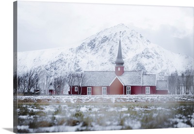 Red Church Of Flakstad In Winter Fog, Flakstad, Nordland County, Lofoten Islands, Norway