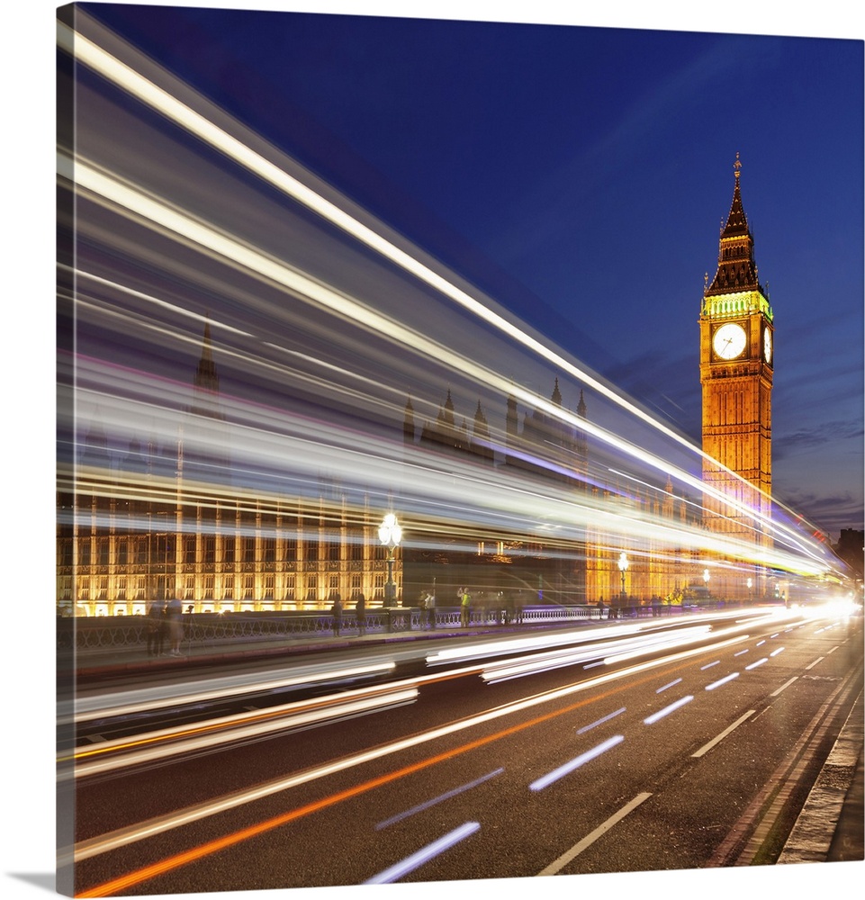 Motion blurred red double decker bus, Houses of Parliament, Big Ben, Westminster Bridge, London, England, United Kingdom, ...