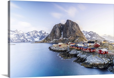 Red Rorbu Cabins In The Fishing Village Of Hamnoy, Reine, Lofoten Islands, Norway
