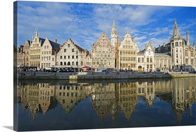 Reflection of waterfront town houses, Ghent, Flanders, Belgium