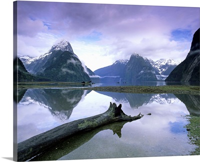 Reflections and view across Milford Sound to Mitre Peak, Fiordland, New Zealand