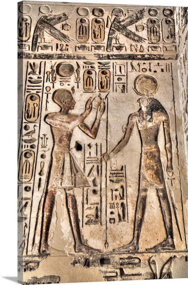 Relief, Pharaoh on left, God Horus on the right, Temple of Khonsu, Karnak Temple Complex, UNESCO World Heritage Site, Luxo...
