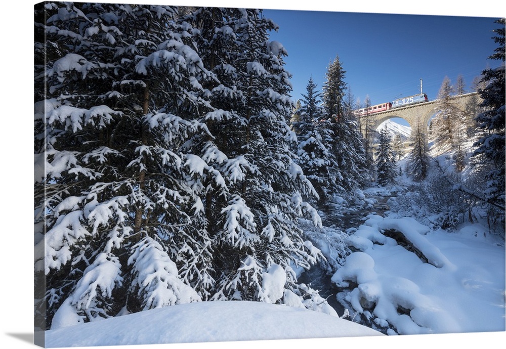 Rhaetian Railway on the Chapella Viadukt surrounded by snowy woods, Canton of Graubunden, Engadine, Switzerland, Europe