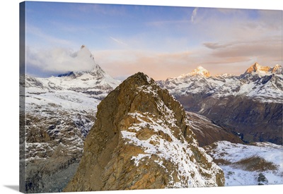 Riffelhorn Ridge, Matterhorn And Dent Blanche, Sunrise, Zermatt, Swiss Alps, Switzerland
