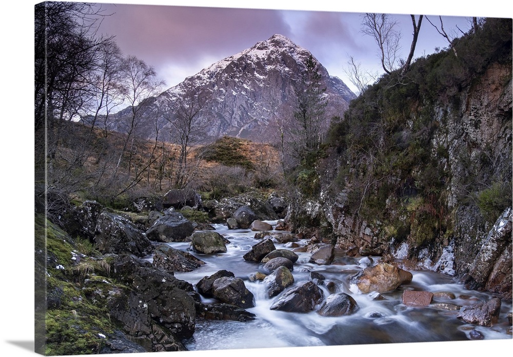 River Coupall and Stob Dearg (Buachaille Etive Mor) in winter, Glen Etive, Rannoch Moor, Argyll and Bute, Scottish Highlan...