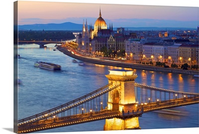 River Danube and Hungarian Parliament at dusk, Budapest, Hungary