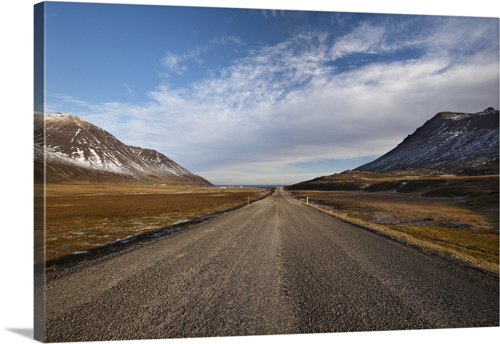 Road 94 in Njardvik valley, Borgarfjordur Eystri fjord in the distance, Iceland