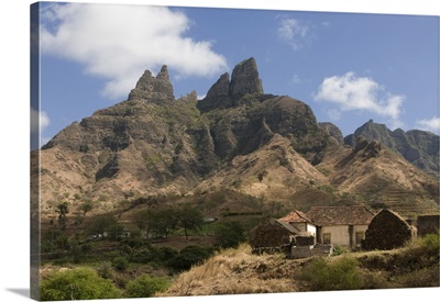 Rocky landscape with farm buildings, Santiago, Cape Verde, Africa