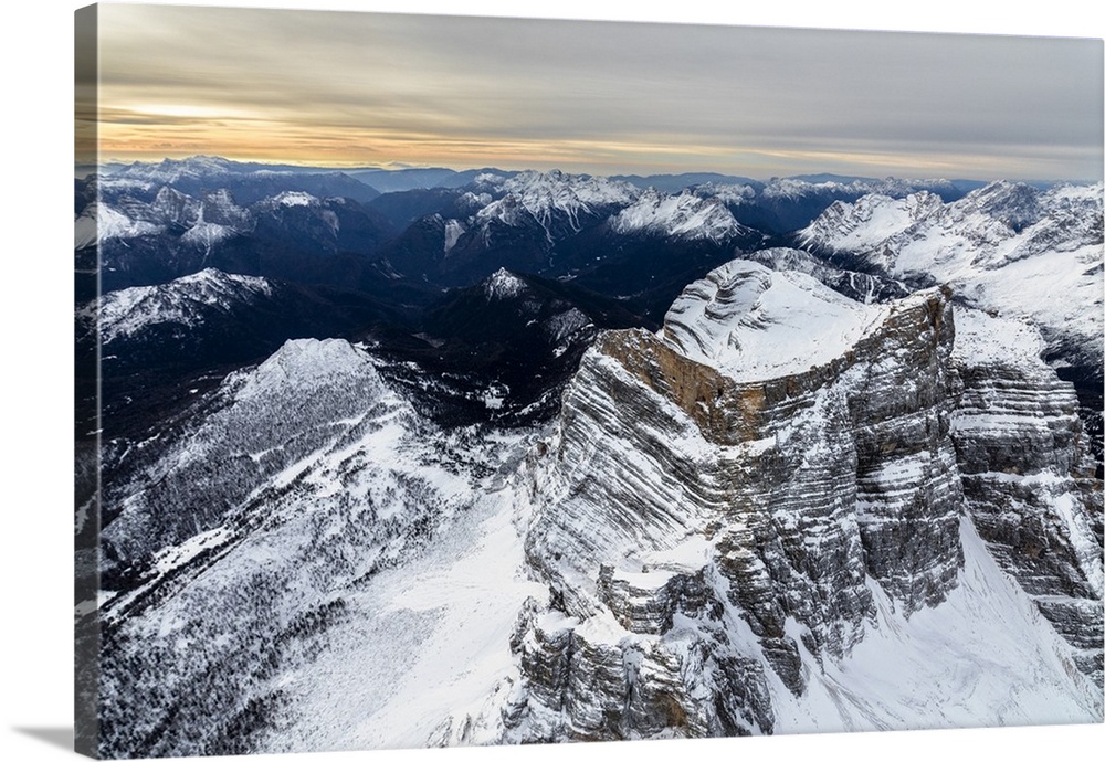 Aerial view of the rocky peaks of Monte Pelmo at dawn, Zoldo, Dolomites, Province of Belluno, Veneto, Italy