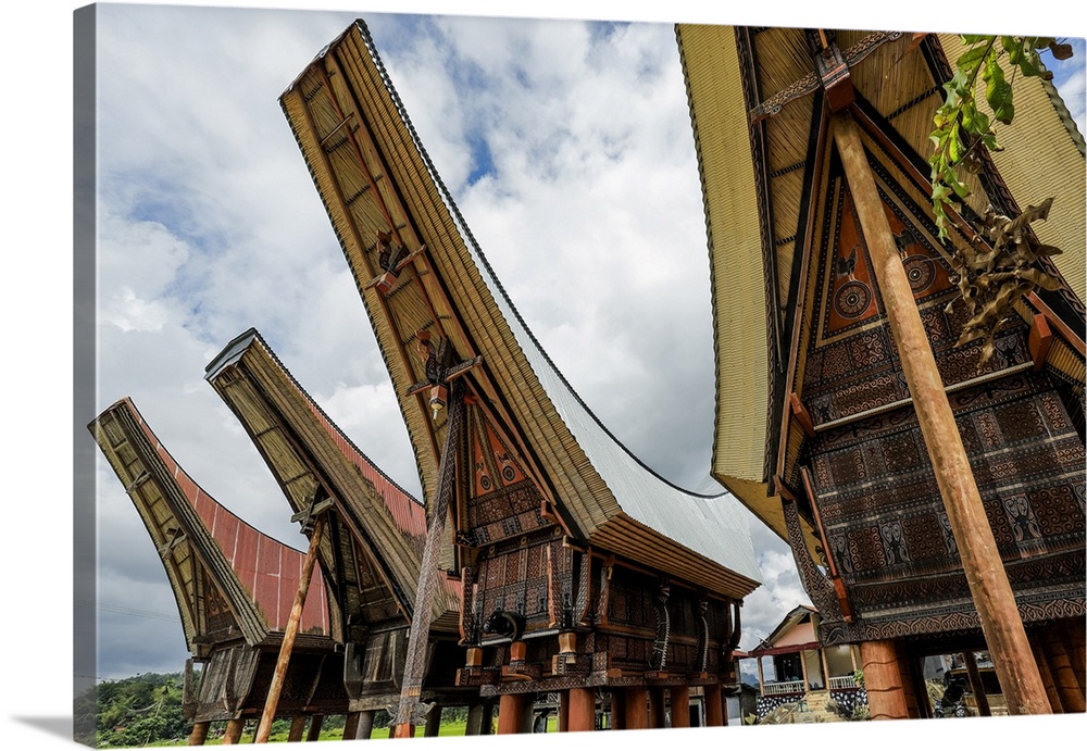 Saddleback roof tongkonans (family rice barns) (homes), Parinding, north of Rantepao, Parinding, Toraja, South Sulawesi, I...