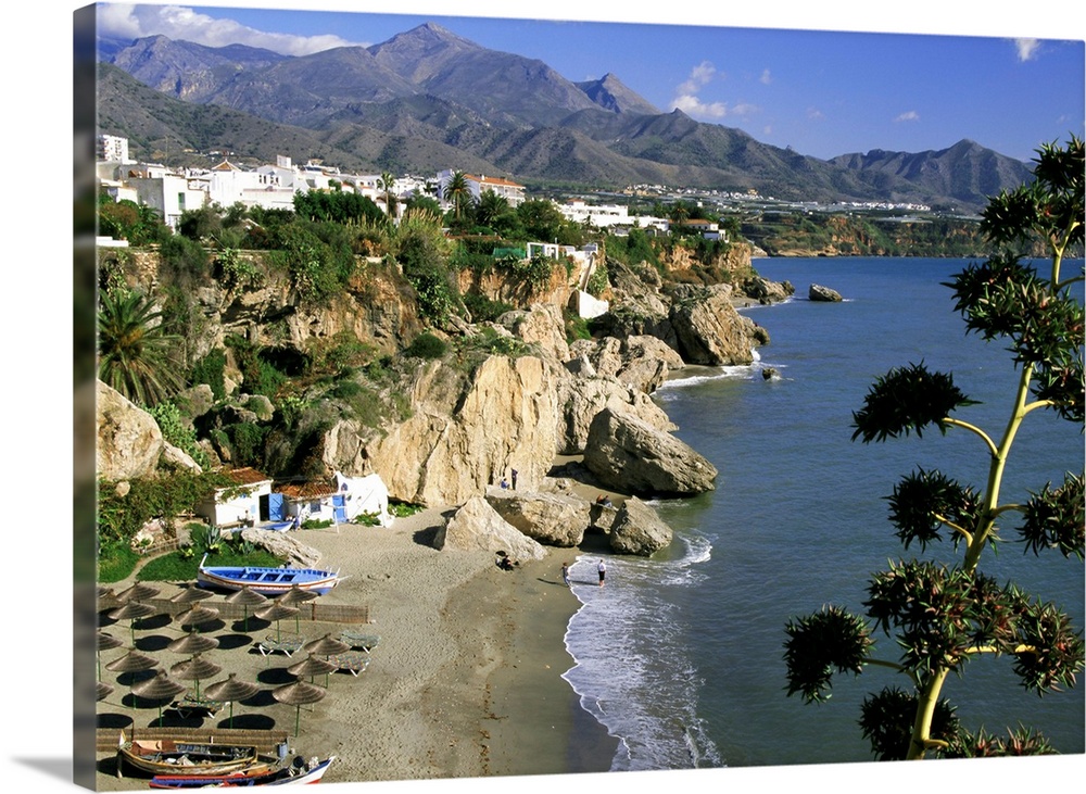 Salon Beach from Balcon de Europe, Nerja, Andalucia (Andalusia), Spain