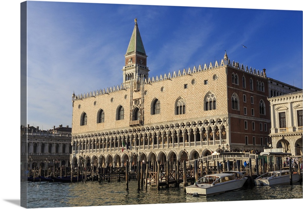 San Marco waterfront bathed in afternoon sun, Campanile and Doge's Palace, Venice, Veneto, Italy