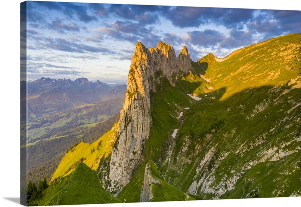 Sunrise on rocky peak of Saxer Lucke mountain in summer, Appenzell Canton, Alpstein Range, Switzerland, Europe