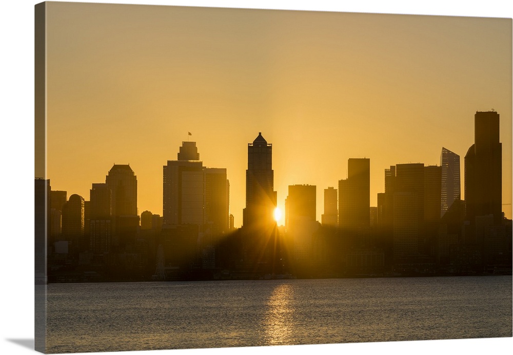Seattle skyline at sunrise, as seen from Alki Beach, Seattle, Washington State, United States of America, North America