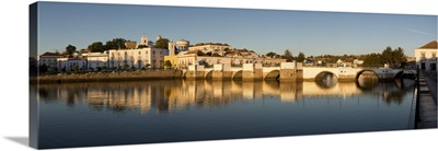 Seven arched Roman bridge and town on the Rio Gilao river, Tavira, Algarve, Portugal