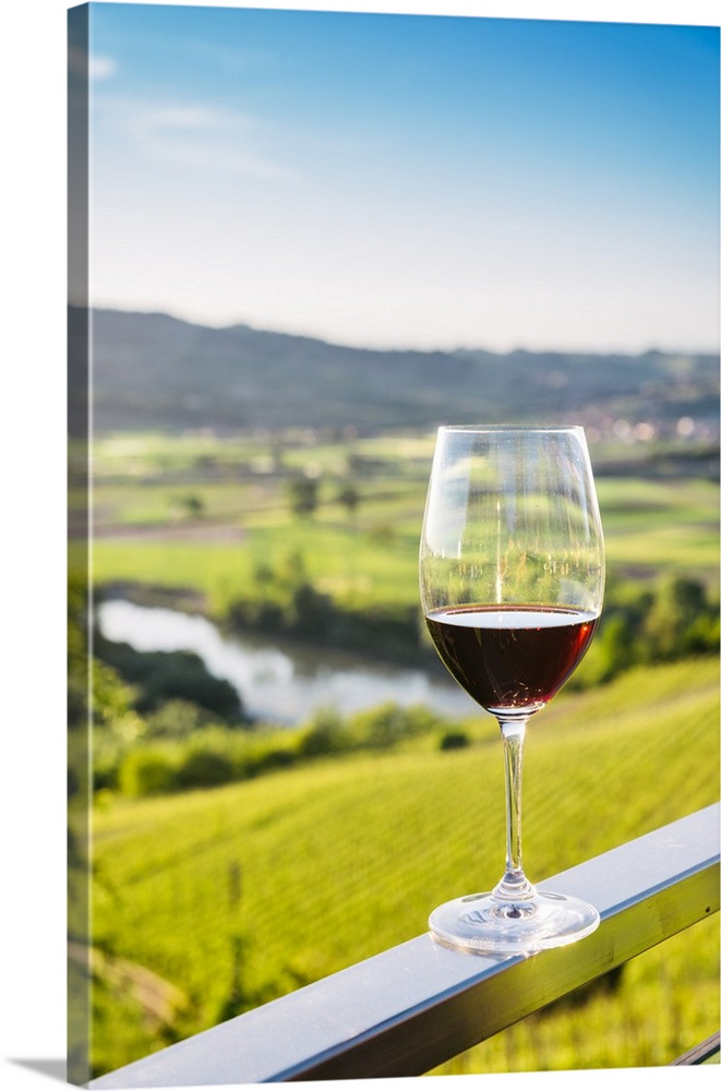 Single wine glass above vineyards, Piedmont, Italy, Europe