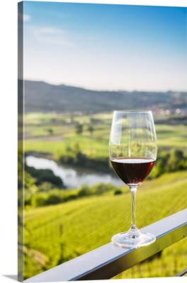 Single wine glass above vineyards, Piedmont, Italy