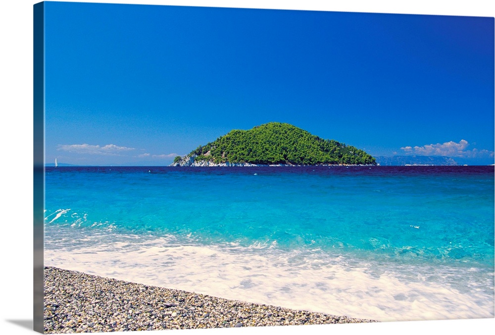 Skopelos island, view from Milia Beach to an island, Sporades, Greek Islands, Greece