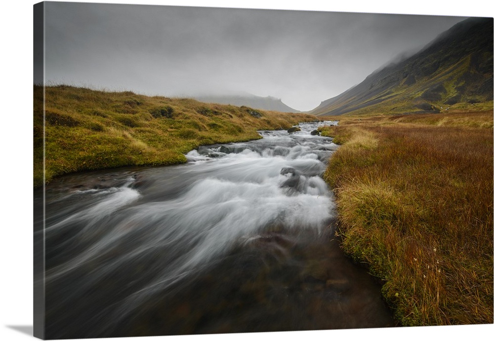 Snaefellsness, National Park, Glacial river flowing through mossy tundra, Iceland, Polar Regions