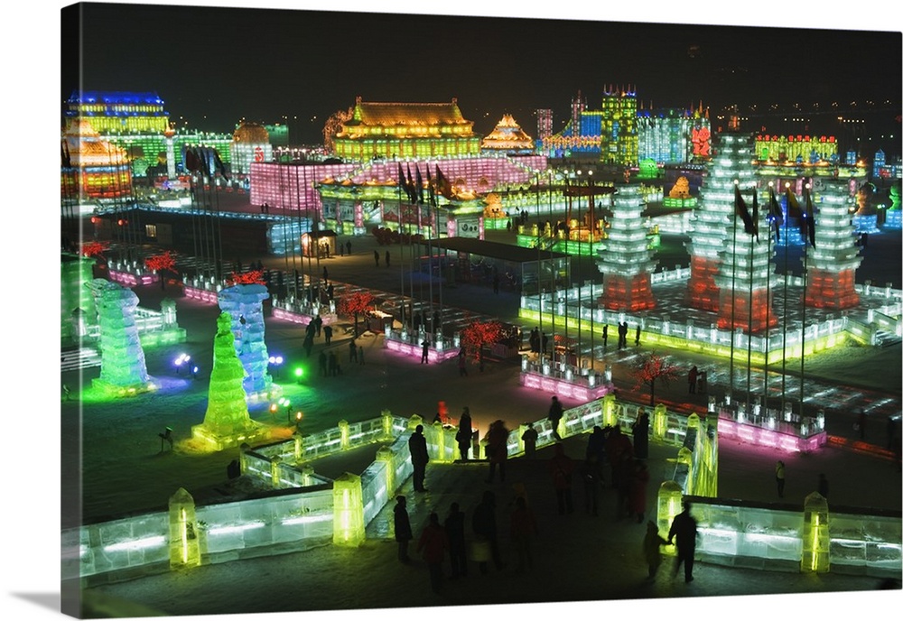 Snow and ice sculptures illuminated at night at the Ice Lantern Festival, Harbin, China