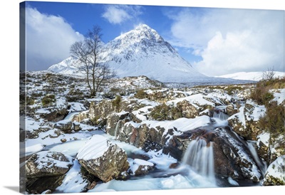Snow Covered Buachaille Etive Mor And The River Coupall, Scottish Highlands, Scotland