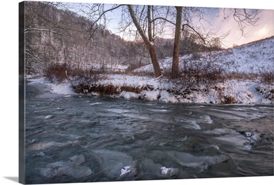 Snow covered landscape and icy river, Blue Ridge Mountains, North Carolina