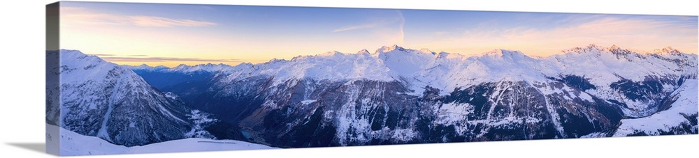 Snowy peaks of Valle Spluga at sunset, aerial view, Valchiavenna, Valtellina, Lombardy, Italy, Europe