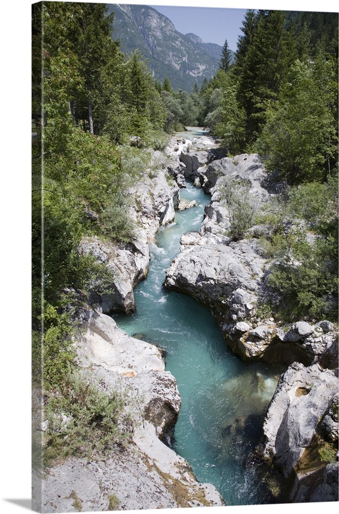 Soca River with clear emerald water  in Trenta Valley, Triglav National Park, Slovenia