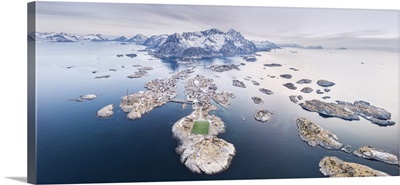 Soccer Pitch And Islets, Henningsvaer, Lofoten Islands, Nordland, Norway